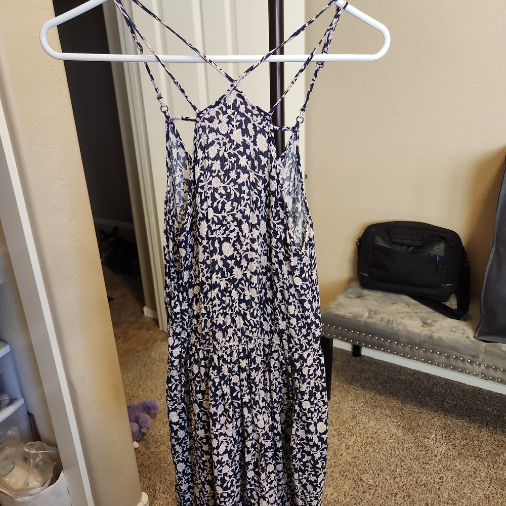 American Eagle Outfitters Blue and White Strappy Patterned Dress - Size S